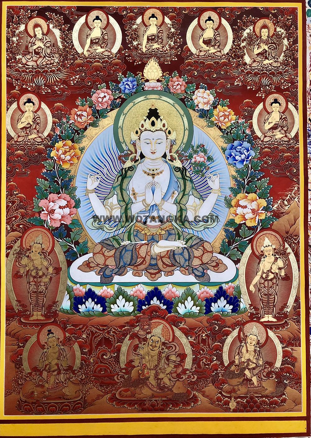 热贡-尕藏·画院：红金唐卡-四臂观音·三怙主（100*70CM左右）