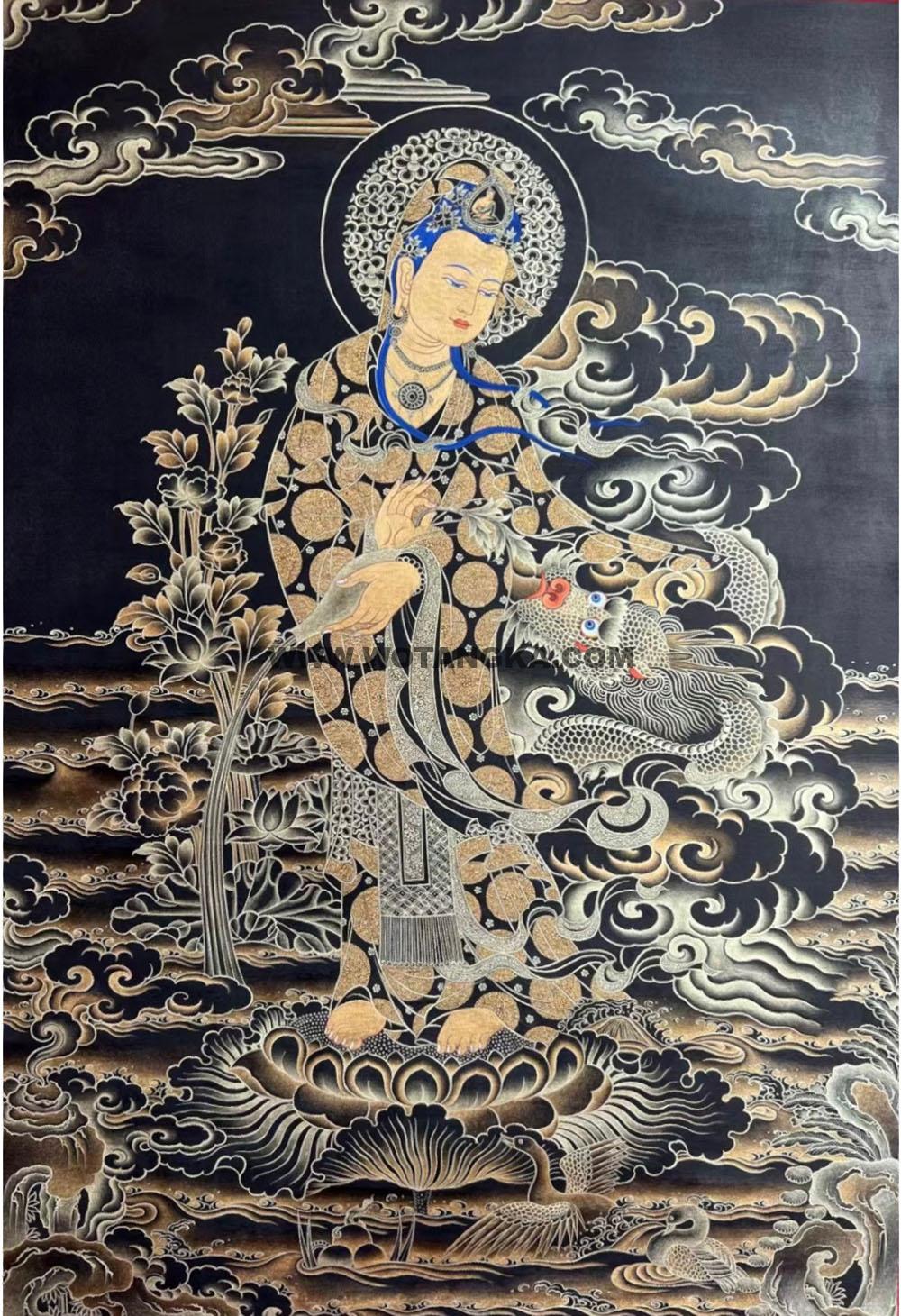 热贡-尕藏·画院:黑金唐卡-洒水观音(70*50CM左右)