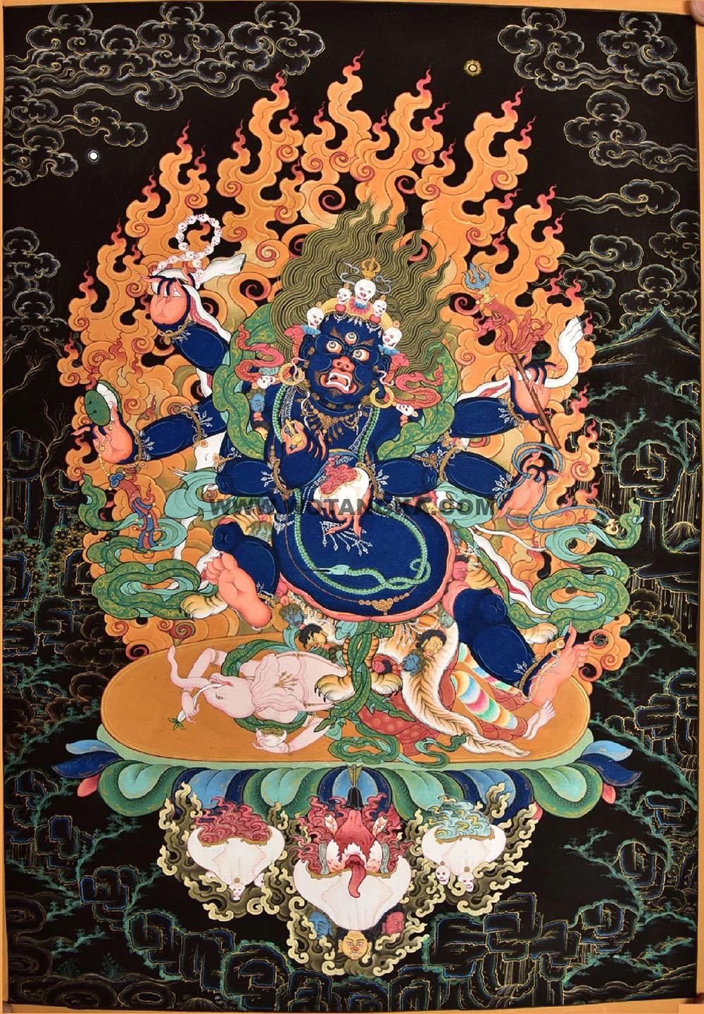 热贡-尕藏·画院：黑金唐卡-六臂玛哈嘎拉（80*60CM左右）