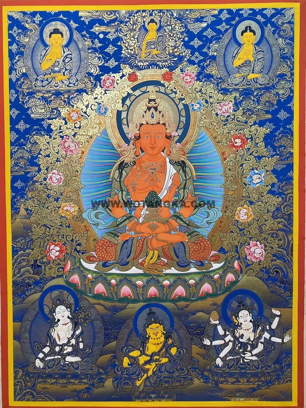 |已结缘·可定制|唐卡寄卖编号:JM·188-516389-长寿佛三尊三世佛财富供养图(蓝唐)