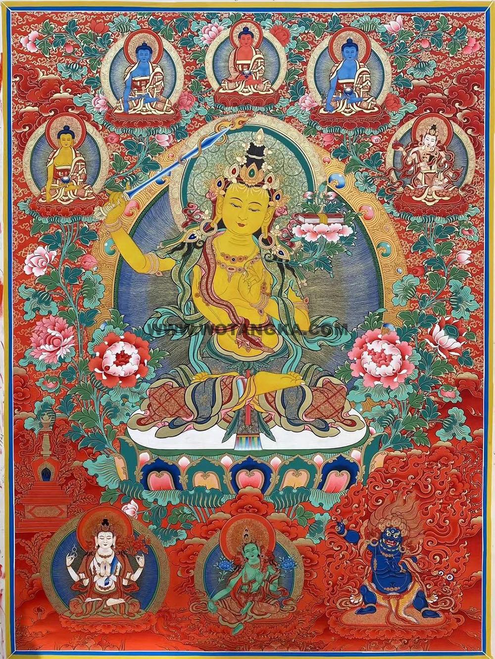 热贡-尼玛顿珠·画院:红金唐卡-文殊菩萨·三怙主(100*70CM左右)