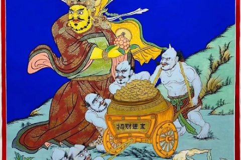 编号188-774432：彩绘唐卡-黄财神·五鬼运财（60*45CM左右）