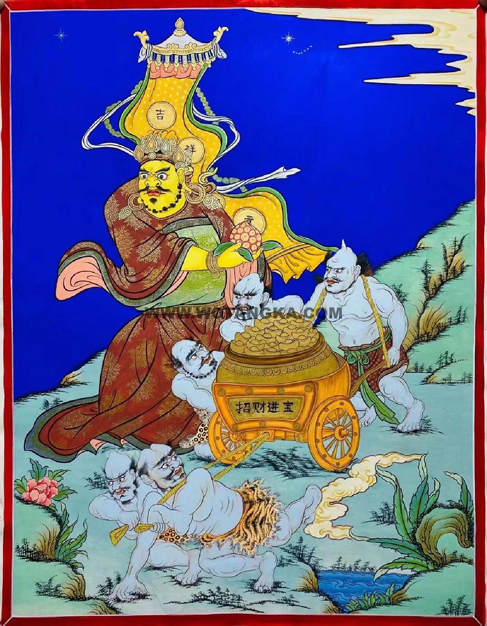 |已结缘·可定制|唐卡寄卖编号:JM·188-774432-黄财神五鬼神将运财图(彩唐)