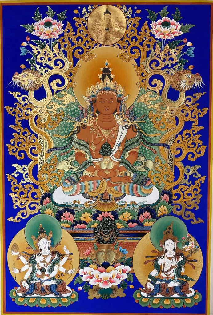 编号188-939612：蓝金唐卡-长寿佛·长寿三尊（80*53CM左右）