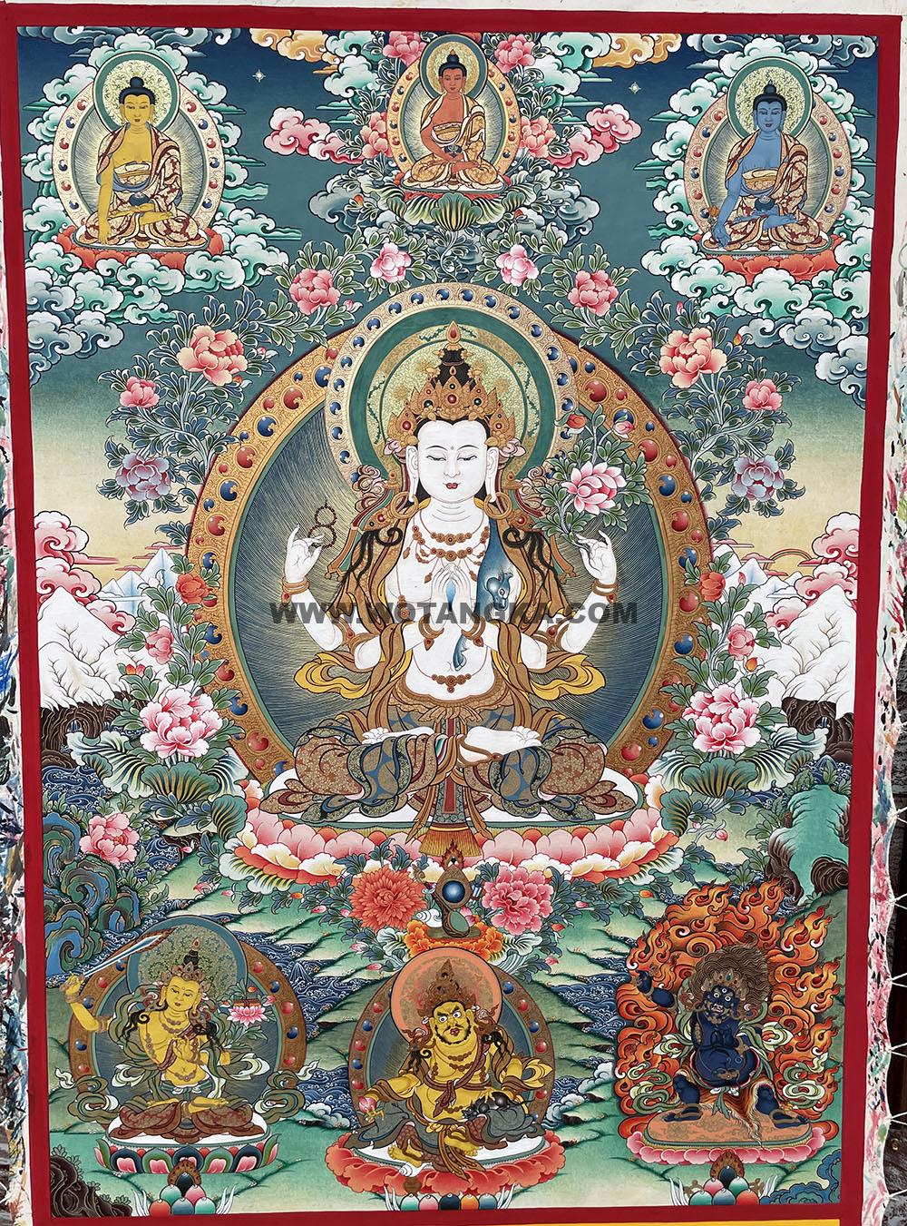 编号188-948569:彩绘唐卡-四臂观音·三怙主(90*60CM左右)