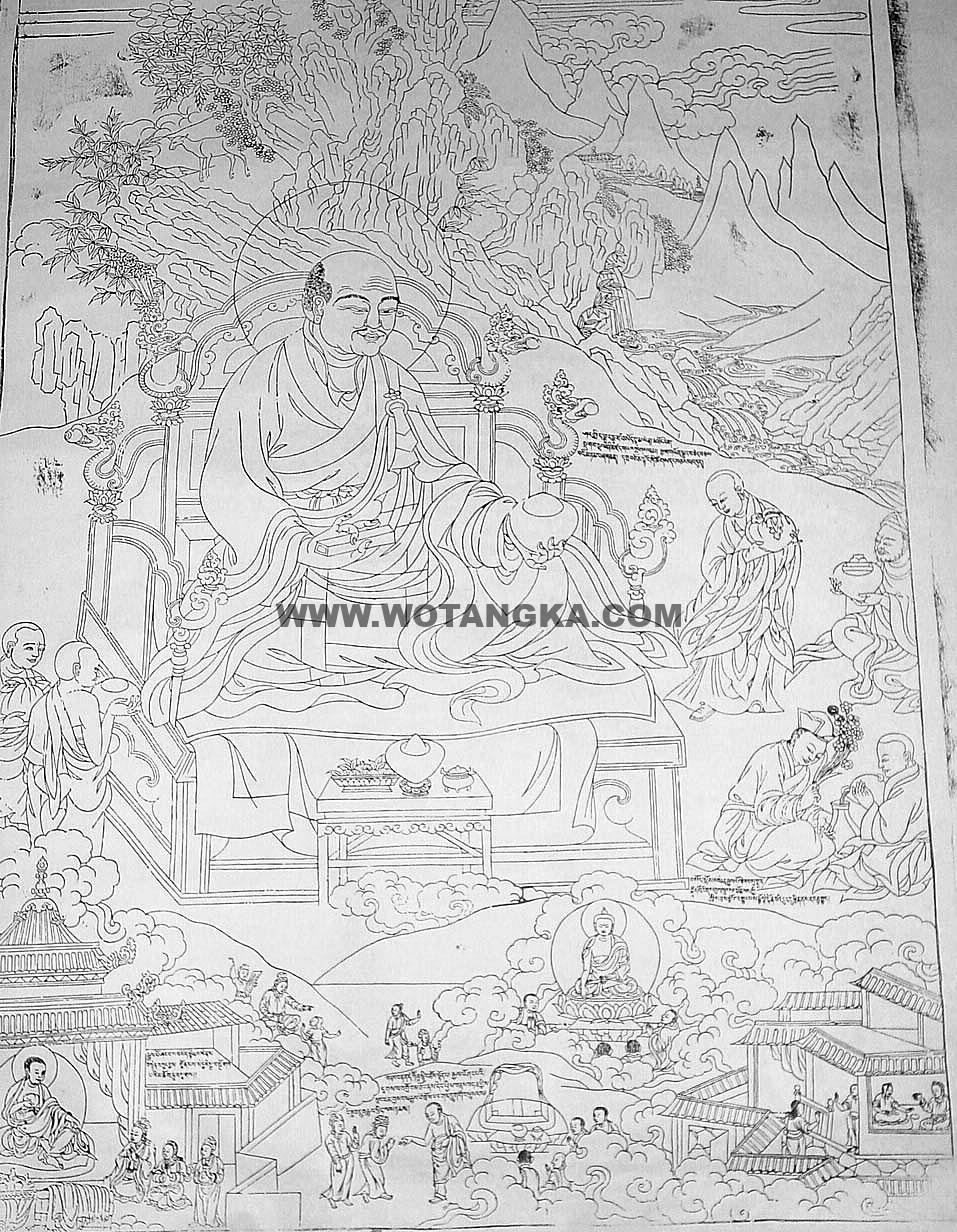 沃唐卡-唐卡白描线稿编号RD15546:德格巴宫·宾度罗跋啰惰阇(Pindola Bharadvaja)