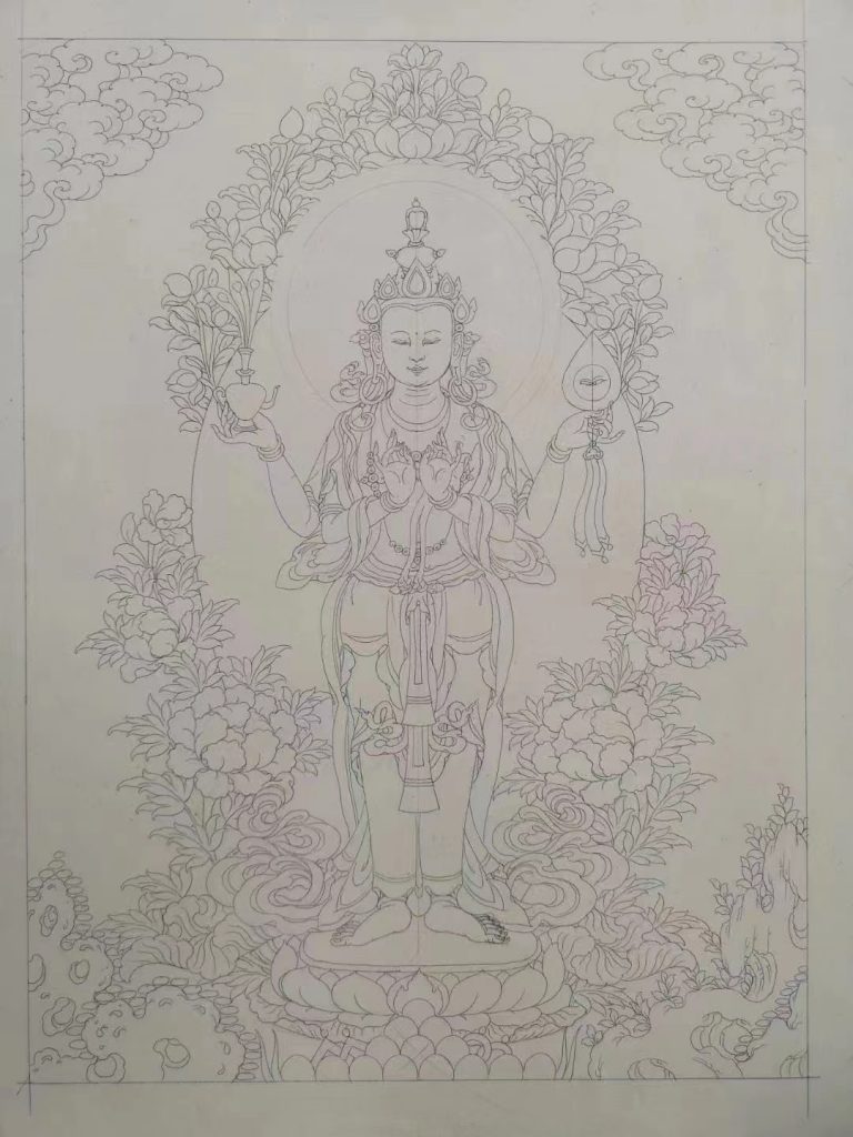 沃唐卡-唐卡白描线稿编号RD17651：启目观音