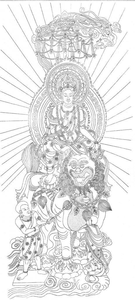 沃唐卡-唐卡白描线稿编号RD19920：骑狮文殊菩萨