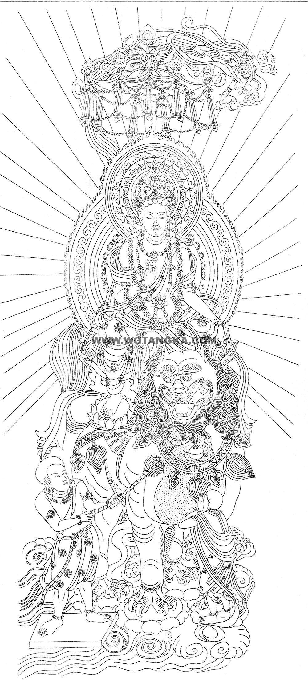 沃唐卡-唐卡白描线稿编号RD19920:骑狮文殊菩萨