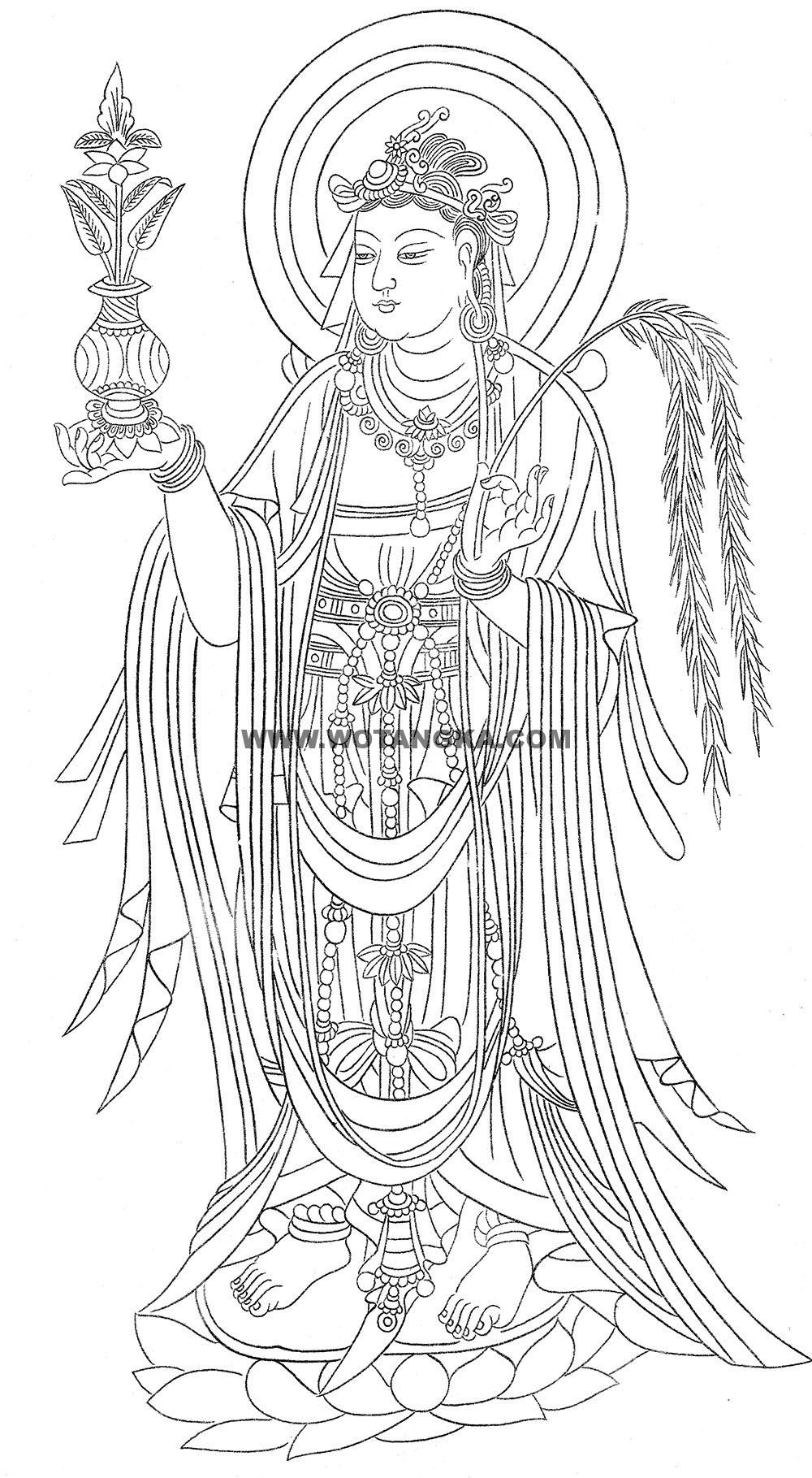 沃唐卡-唐卡白描线稿编号RD22615：杨柳枝观世音菩萨