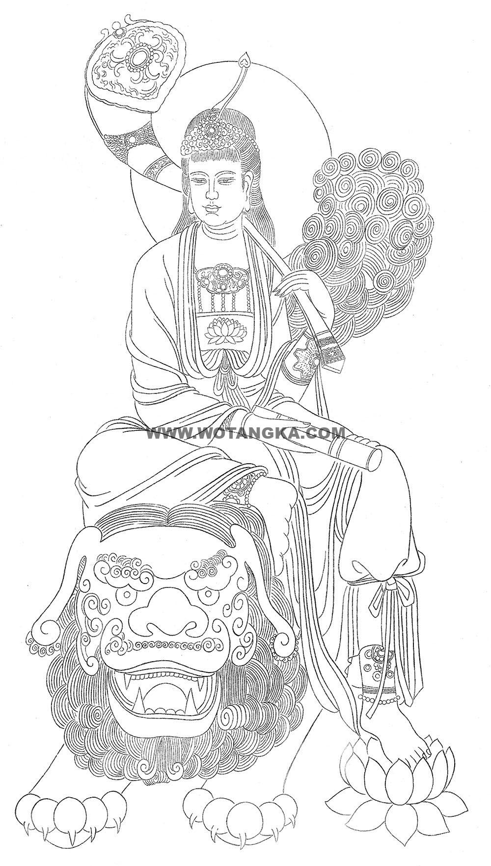 沃唐卡-唐卡白描线稿编号RD22954:骑狮如意文殊菩萨