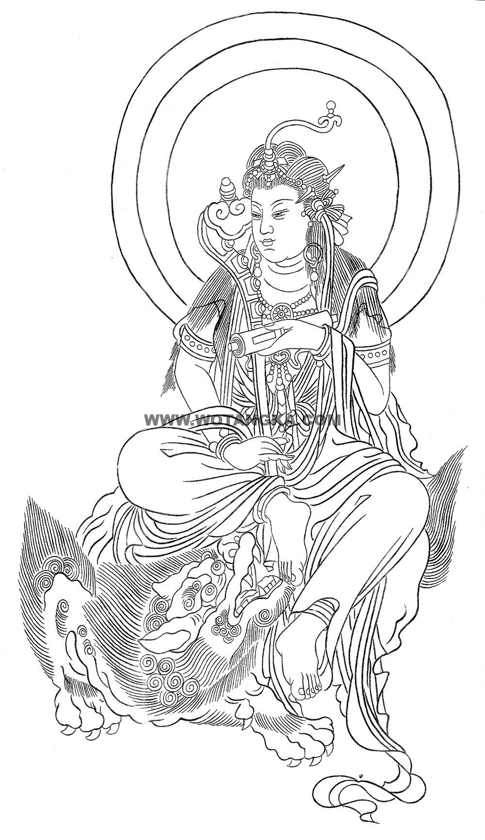 沃唐卡-唐卡白描线稿编号RD26625:骑狮如意般若经文殊菩萨