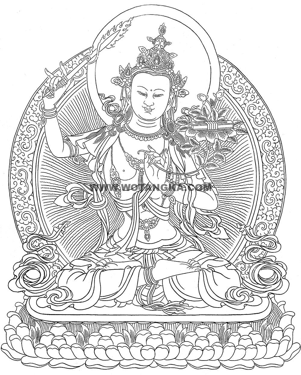 沃唐卡-唐卡白描线稿编号RD27690:文殊菩萨