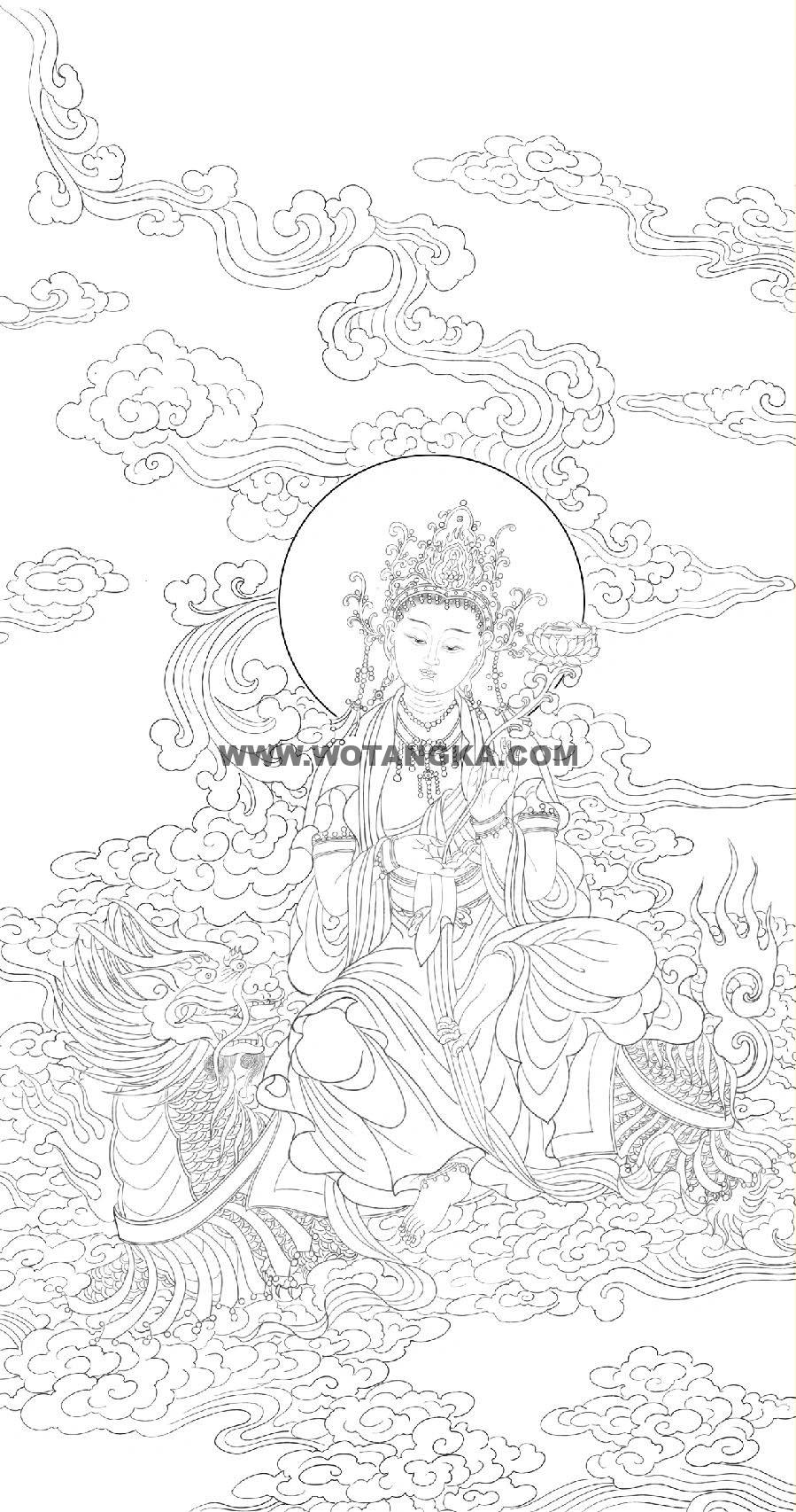 沃唐卡-唐卡白描线稿编号RD30648:骑龙观音