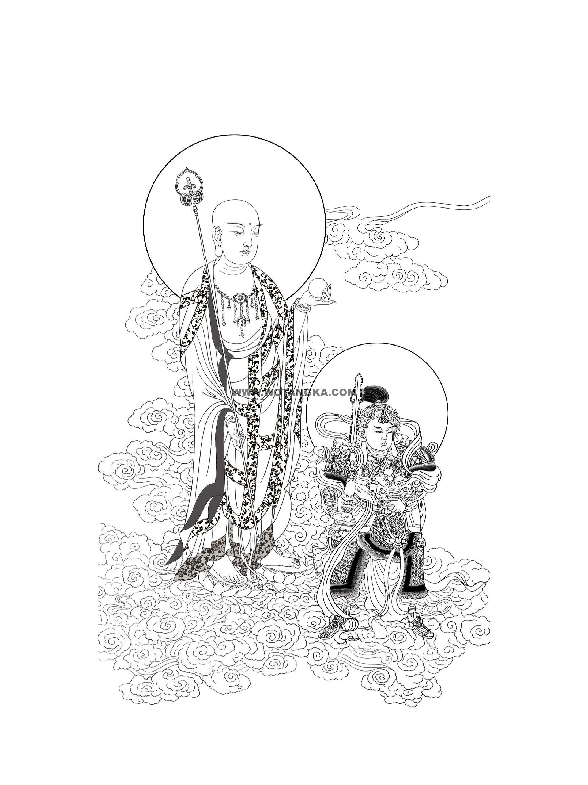 沃唐卡-唐卡白描线稿编号RD30857：地藏王菩萨与韦陀菩萨