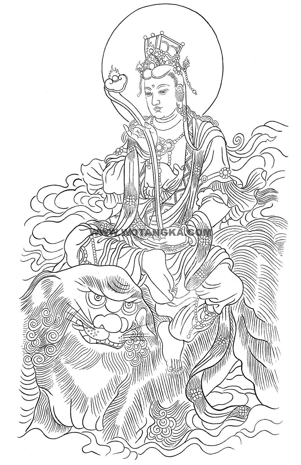 沃唐卡-唐卡白描线稿编号RD35028:骑狮玉如意文殊菩萨