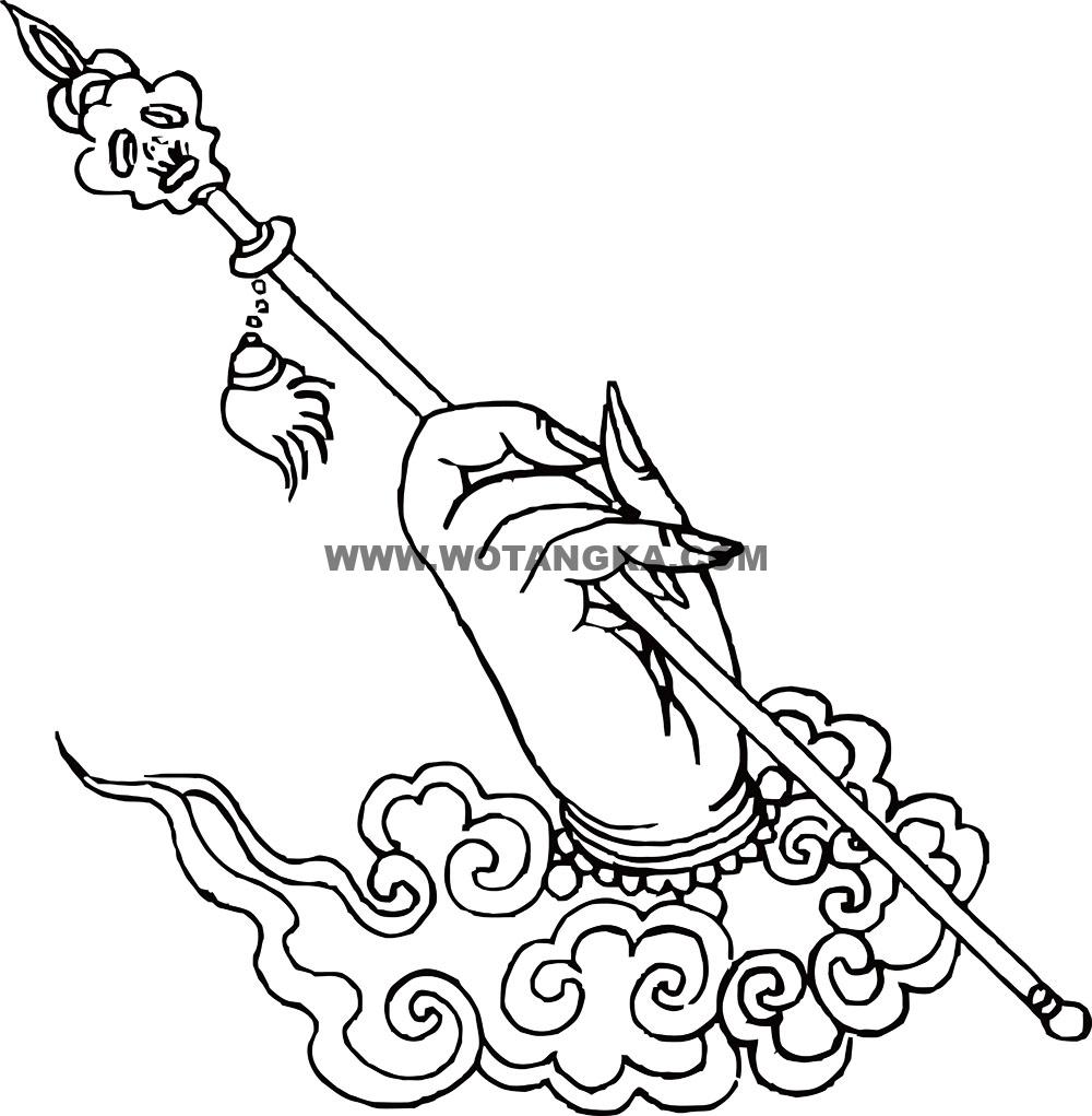 沃唐卡-唐卡白描线稿编号RD37669：羯磨部·钩召法·右骷髅杖手