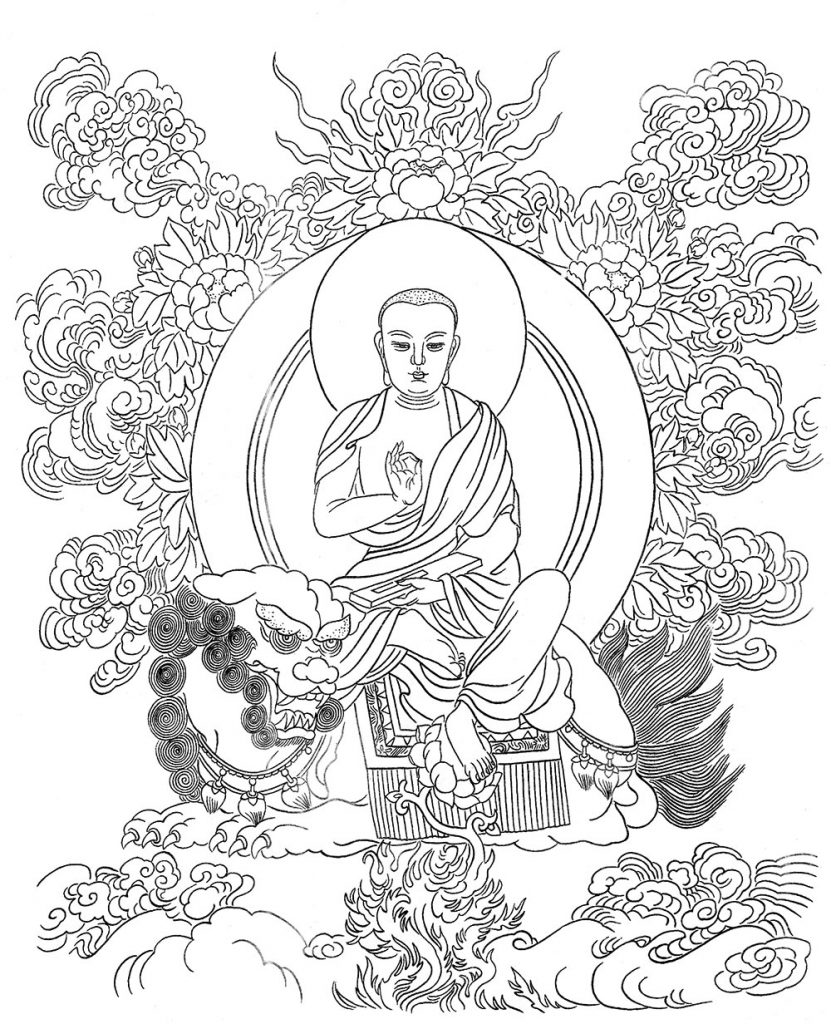 沃唐卡-唐卡白描线稿编号RD38901：骑狮般若经僧侣相文殊菩萨