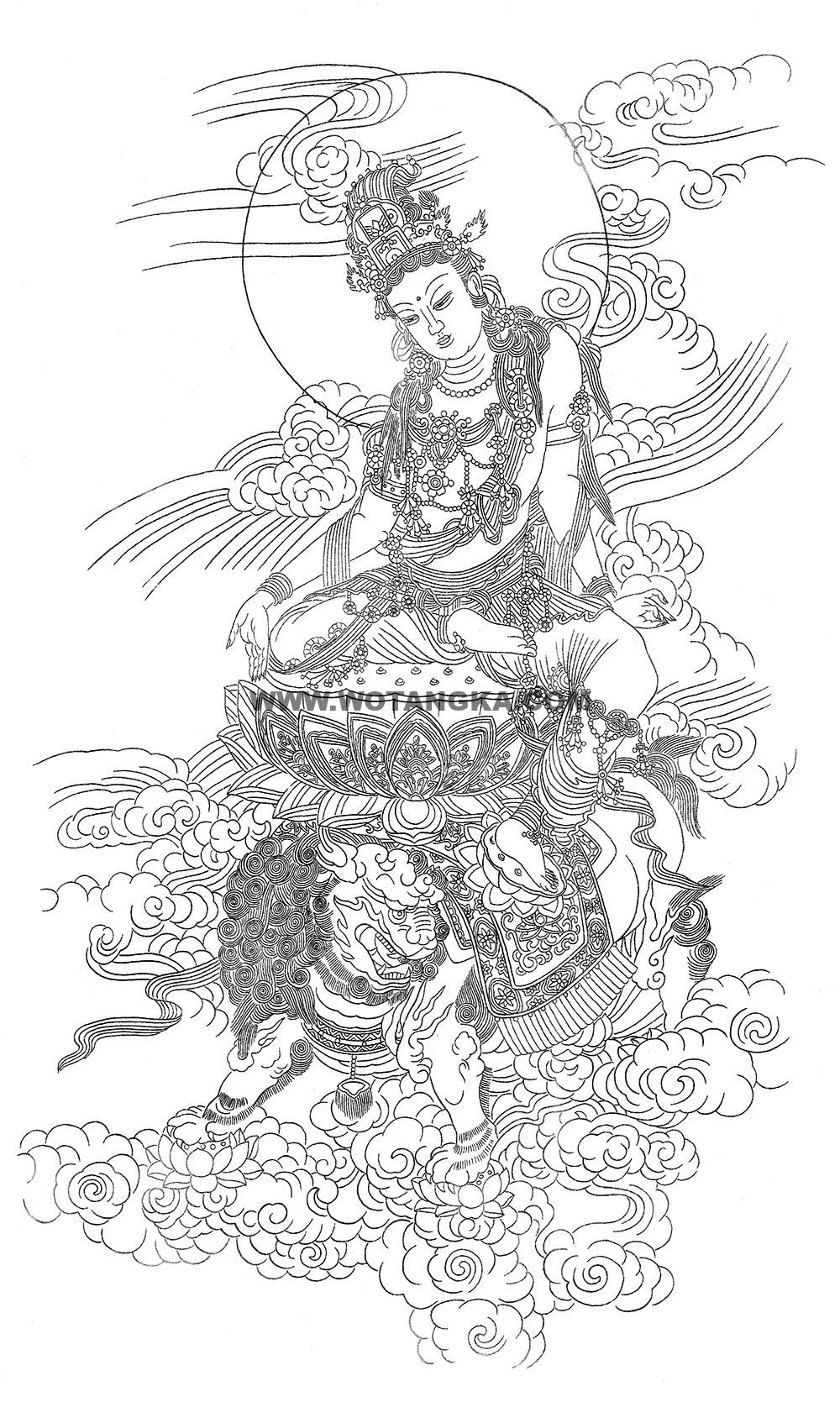 沃唐卡-唐卡白描线稿编号RD40051:骑狮莲花座文殊菩萨
