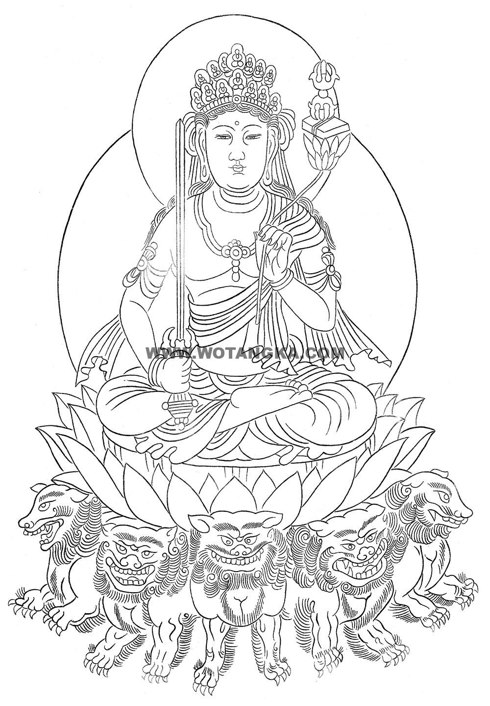 沃唐卡-唐卡白描线稿编号RD40684：莲花座文殊菩萨