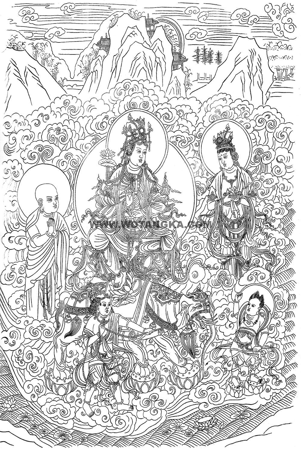沃唐卡-唐卡白描线稿编号RD46409:普贤菩萨说法图