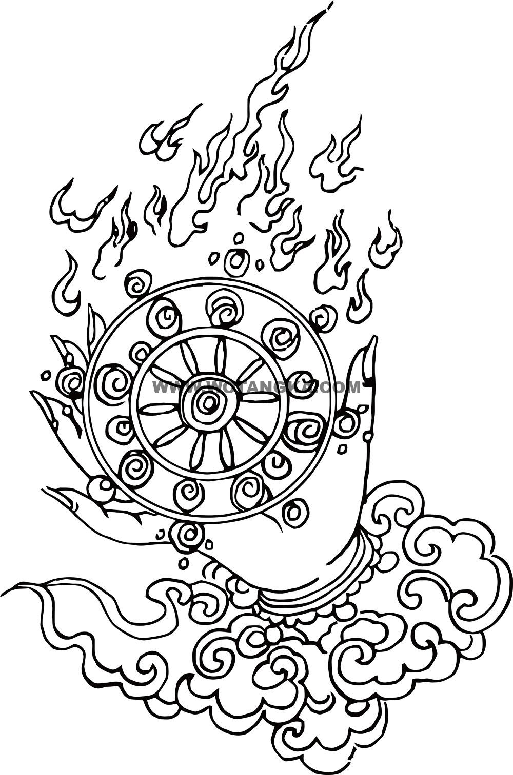 沃唐卡-唐卡白描线稿编号RD46995：金刚部·调伏法·右金轮手