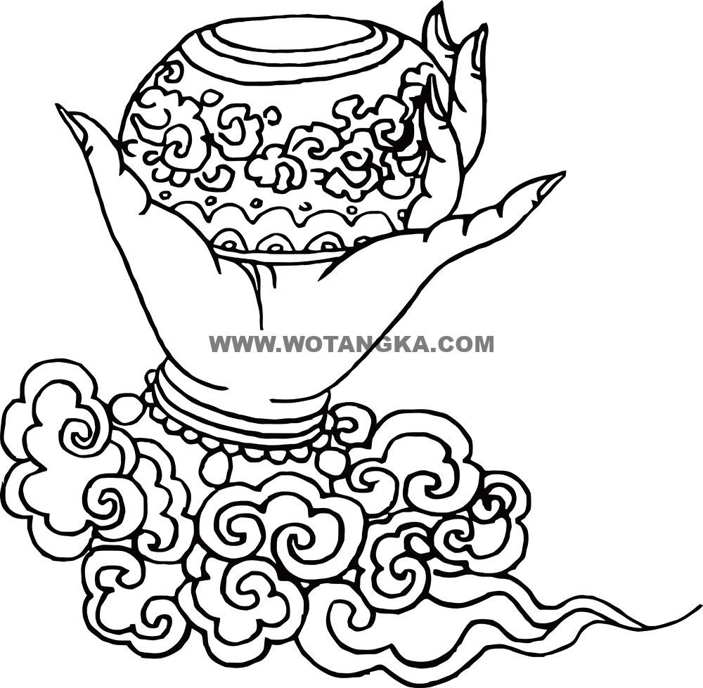 沃唐卡-唐卡白描线稿编号RD48324:金刚部·调伏法·左宝钵手