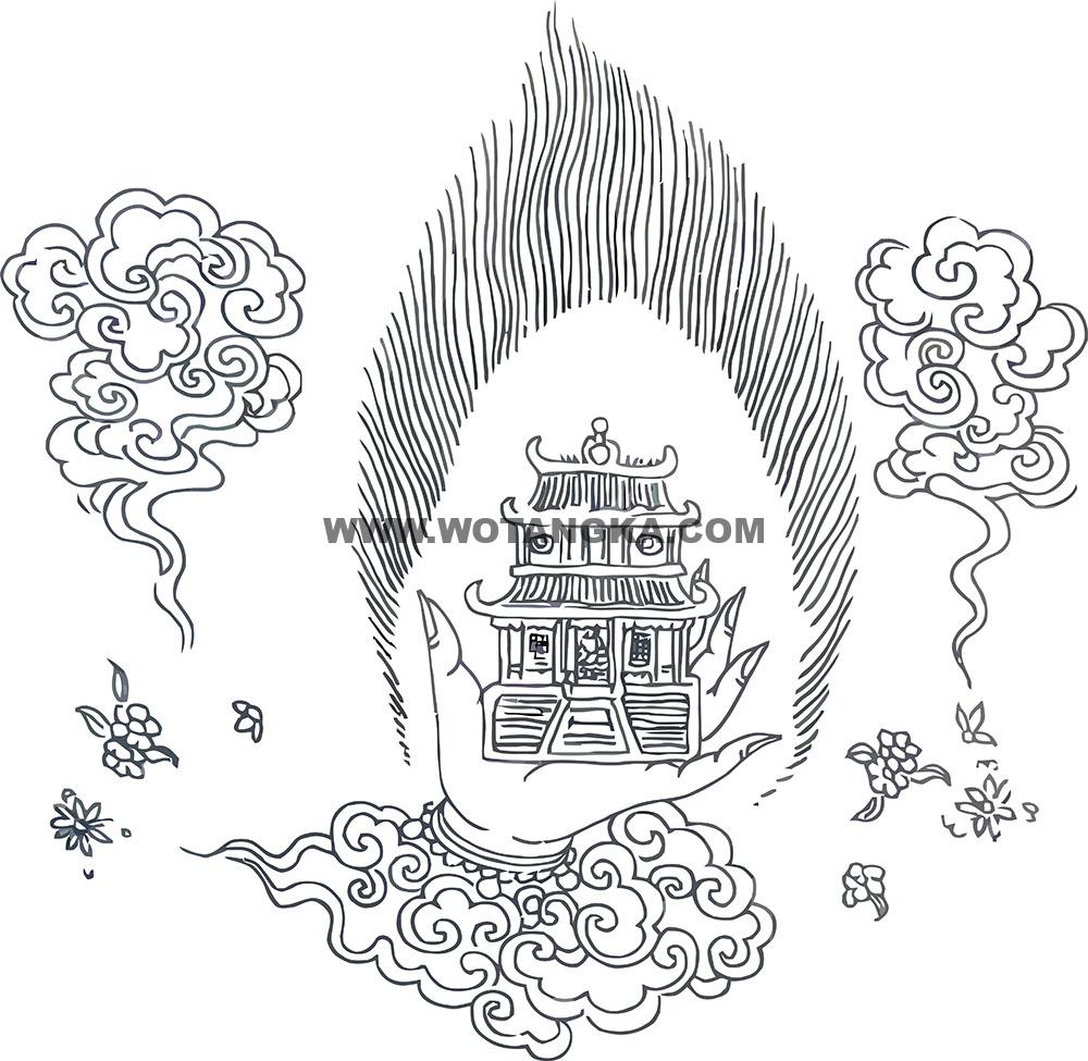 沃唐卡-唐卡白描线稿编号RD50221：金刚部·调伏法·左化宫殿手