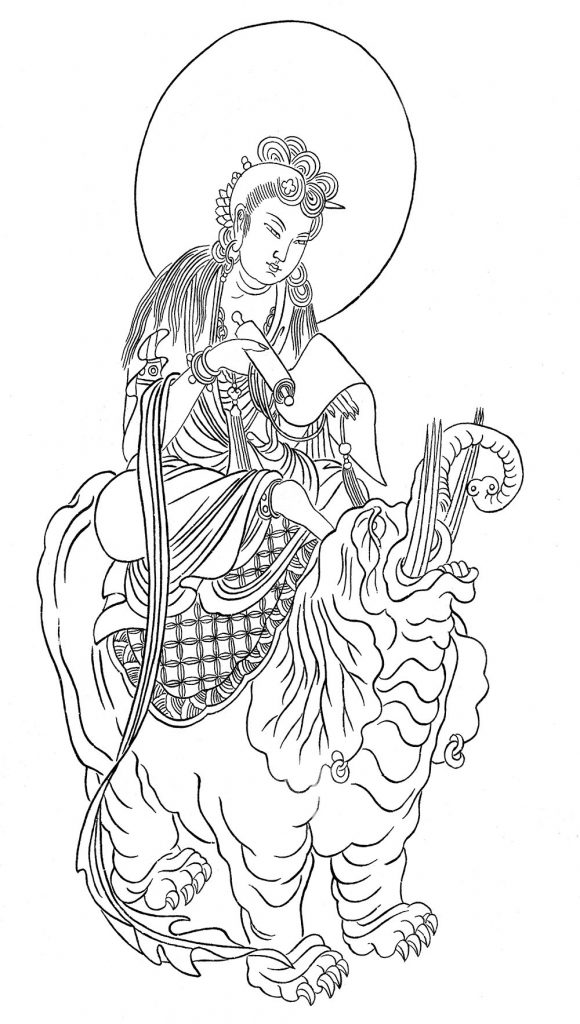 沃唐卡-唐卡白描线稿编号RD58211：骑象读经普贤菩萨