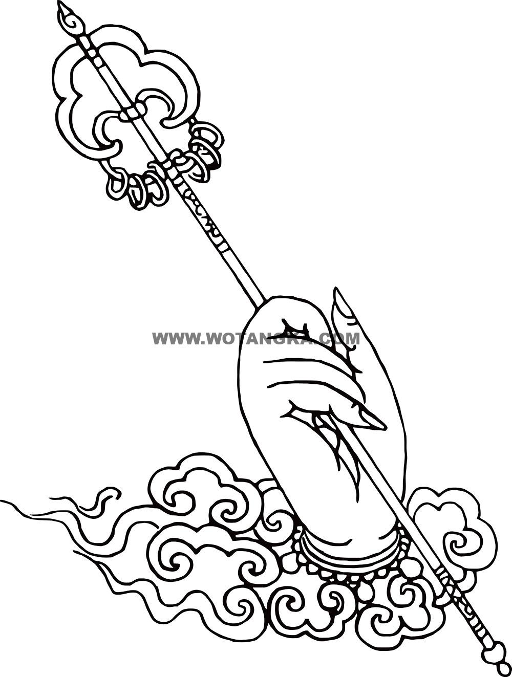 沃唐卡-唐卡白描线稿编号RD62396：莲华部·敬爱法·右锡杖手