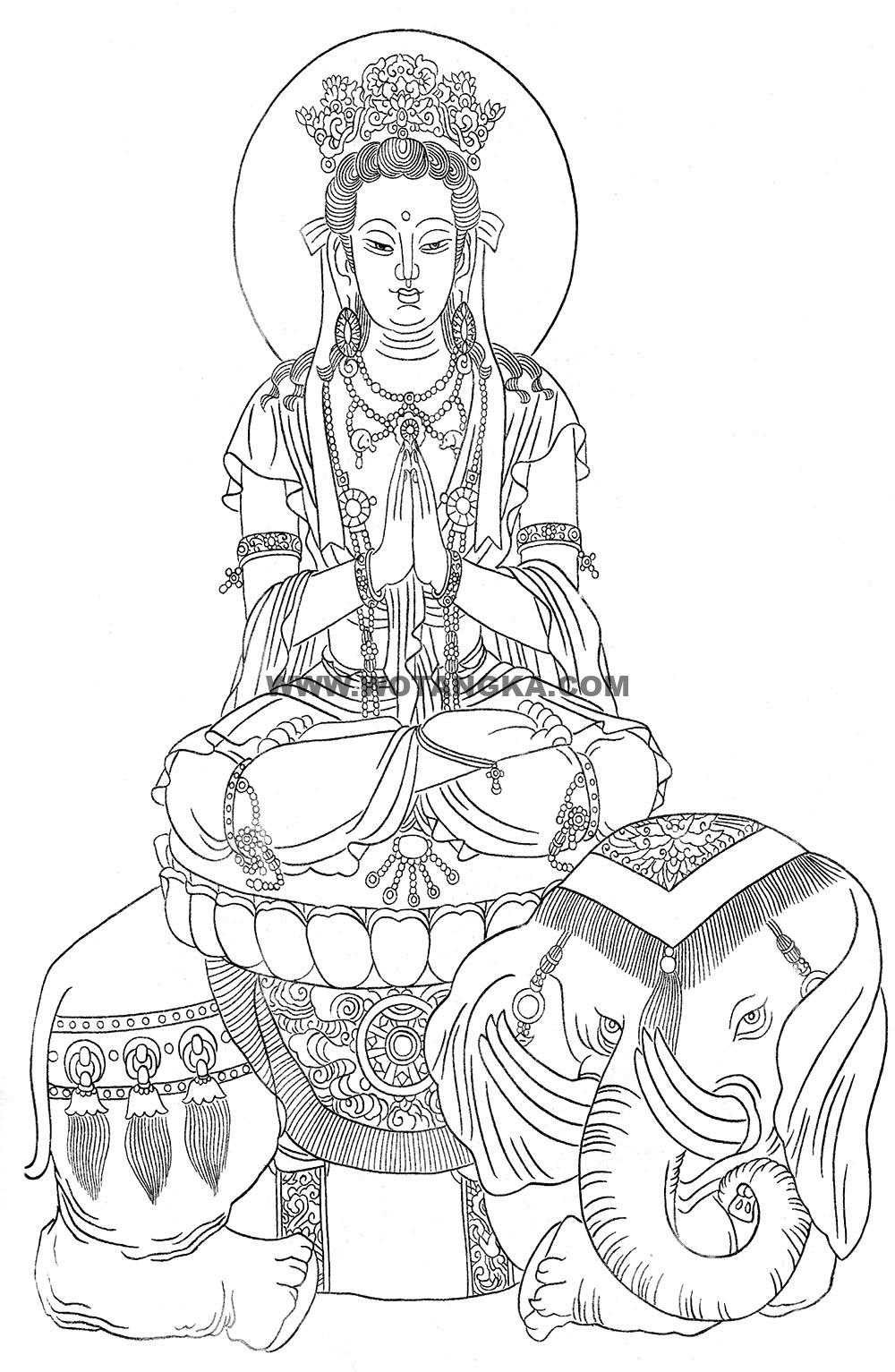 沃唐卡-唐卡白描线稿编号RD67426:骑象合十普贤菩萨