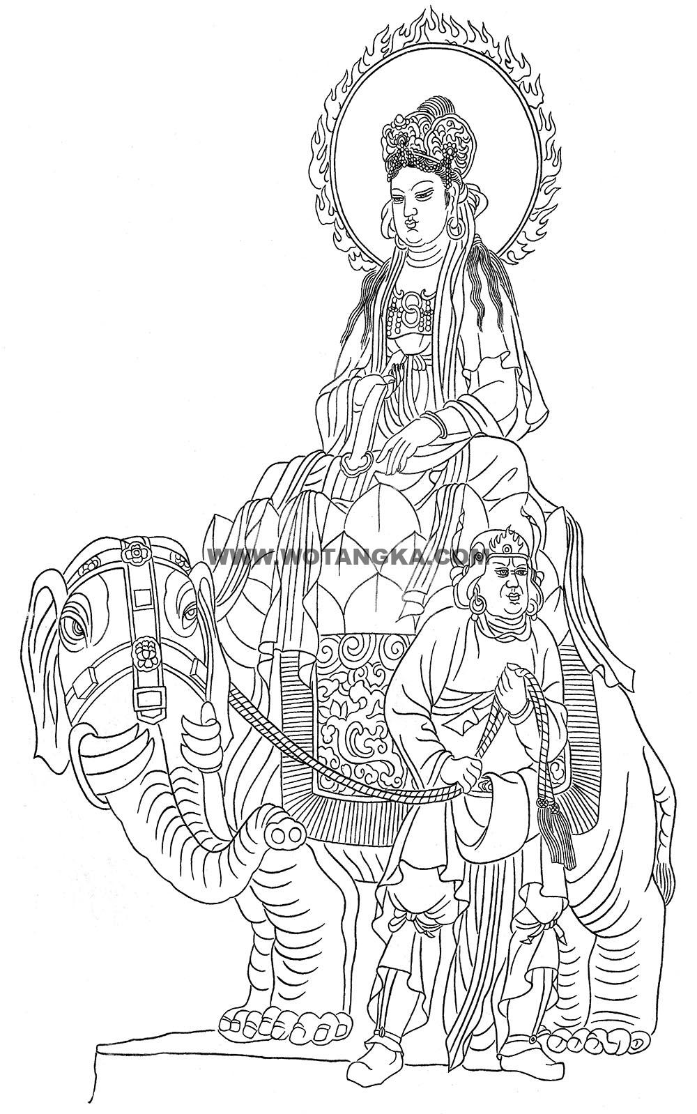 沃唐卡-唐卡白描线稿编号RD68406:骑象出巡普贤菩萨