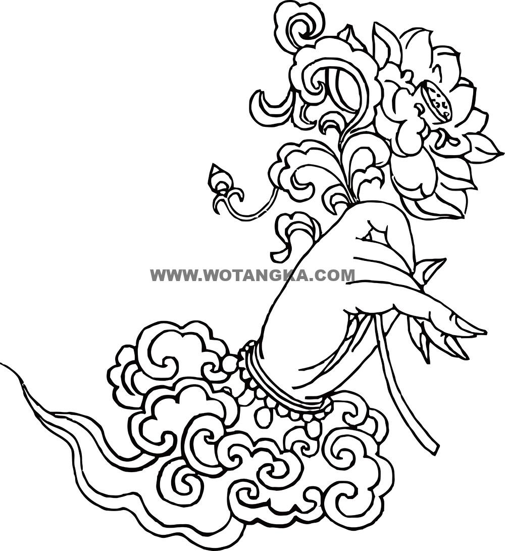 沃唐卡-唐卡白描线稿编号RD79685:摩尼部·增益法·右青莲手