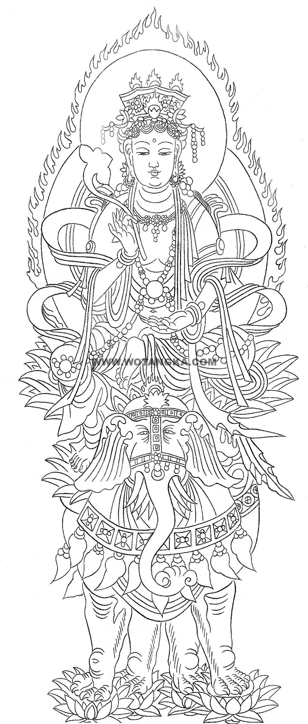 沃唐卡-唐卡白描线稿编号RD84198：骑象玉如意普贤菩萨