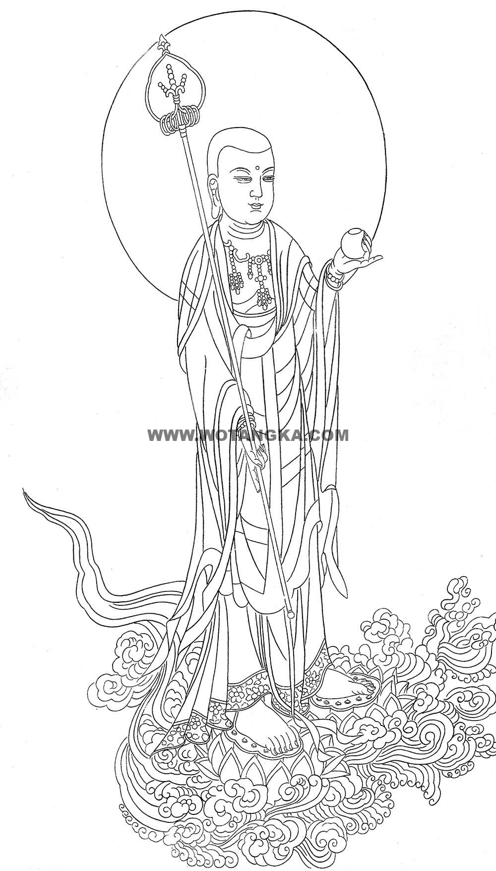 沃唐卡-唐卡白描线稿编号RD94613:地藏王菩萨踏莲图