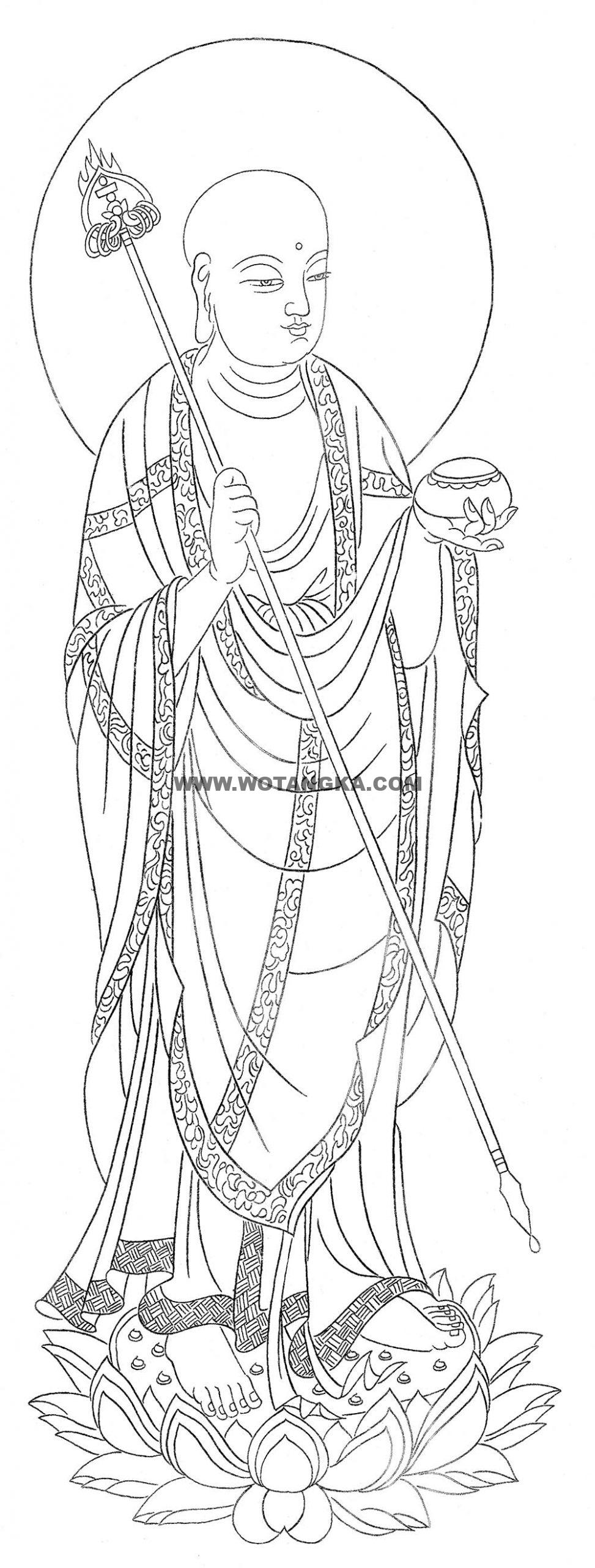 沃唐卡-唐卡白描线稿编号RD96387：地藏王菩萨