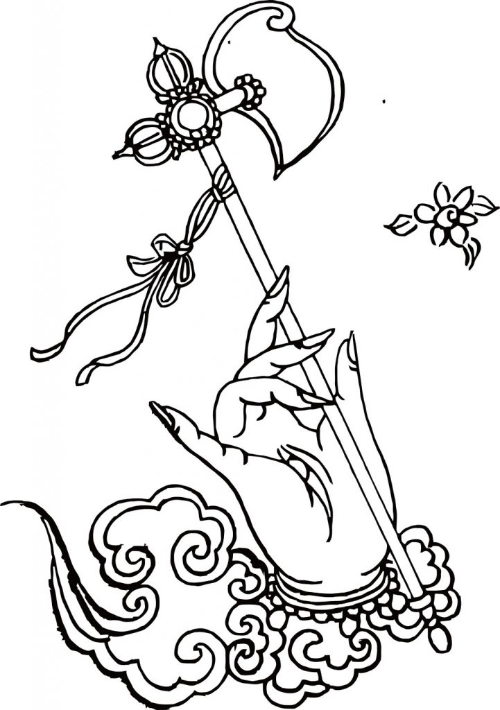 沃唐卡-唐卡白描线稿编号RD96461：如来部·息灾法·右钺斧手