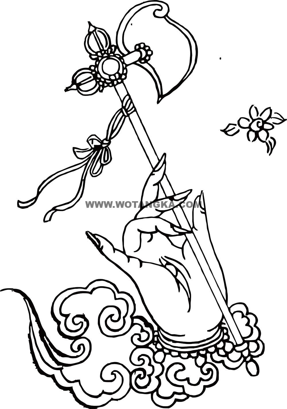 沃唐卡-唐卡白描线稿编号RD96461:如来部·息灾法·右钺斧手