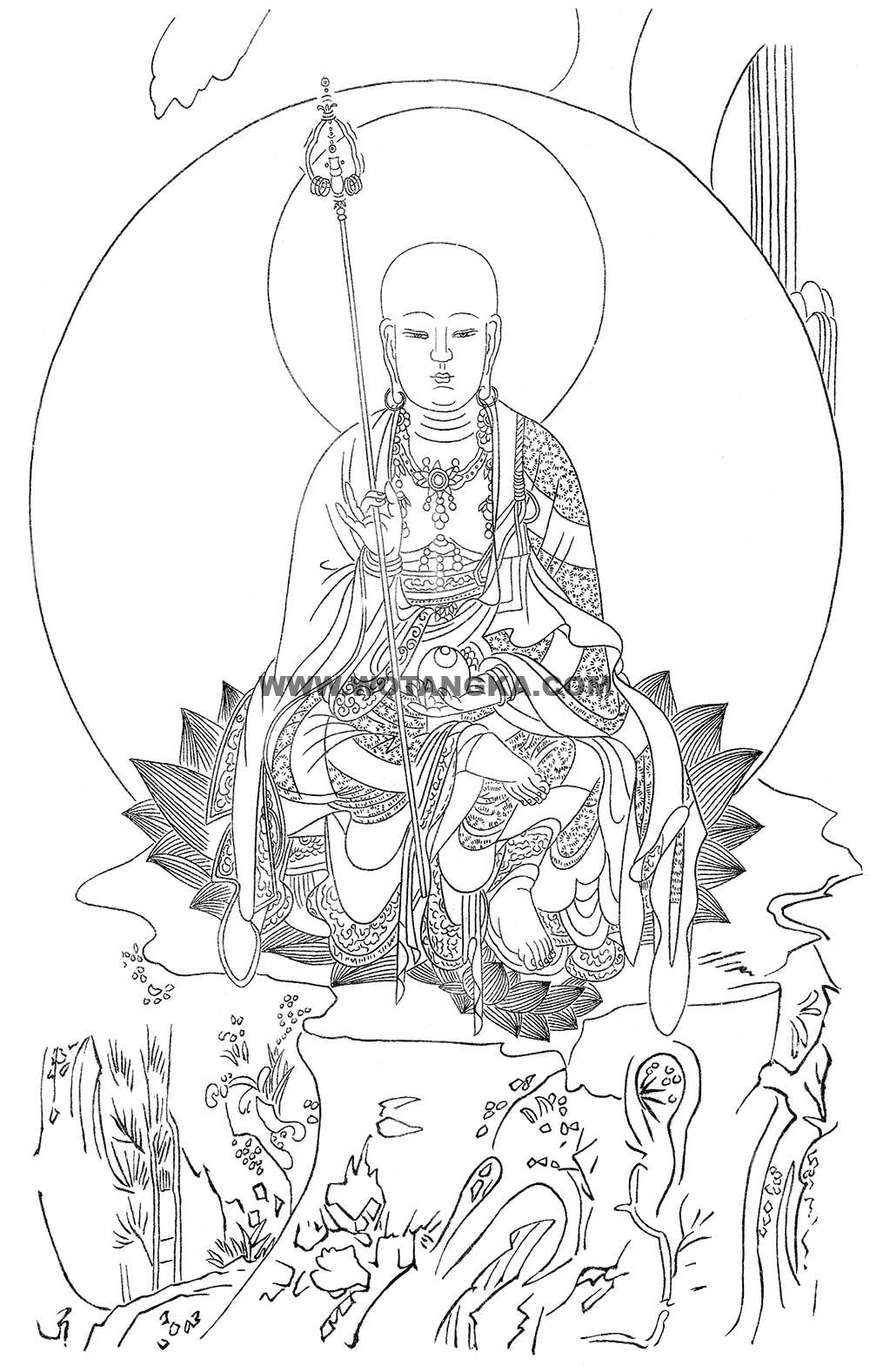 沃唐卡-唐卡白描线稿编号RD99519：地藏王菩萨坐莲图