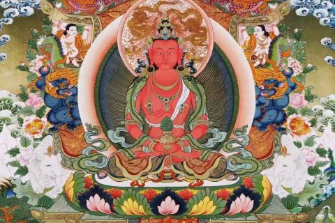 编号138-118578：彩绘唐卡-长寿佛·长寿三尊（99*72CM左右）