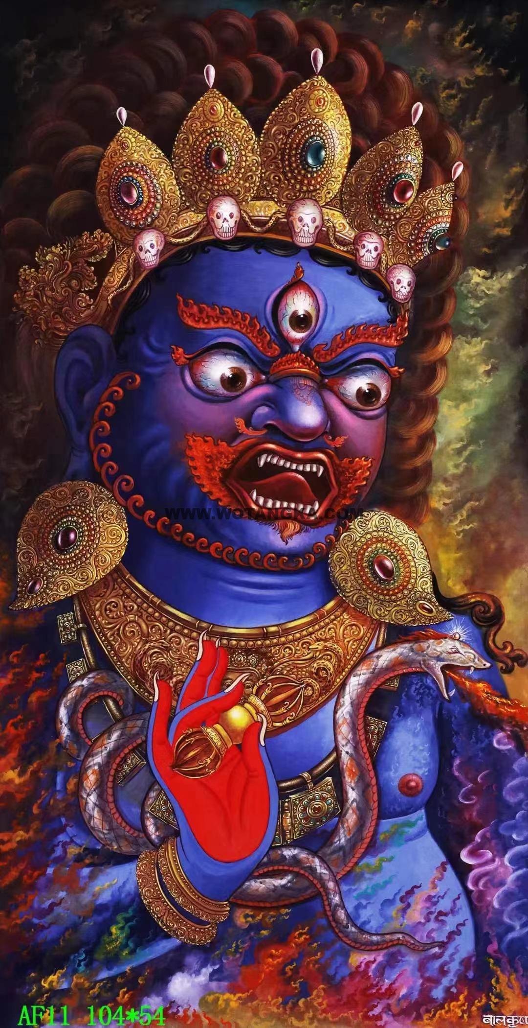 |已结缘·可定制|唐卡寄卖编号:JM·138-193582-金刚手菩萨怒目白蛇业火供养图(彩唐)