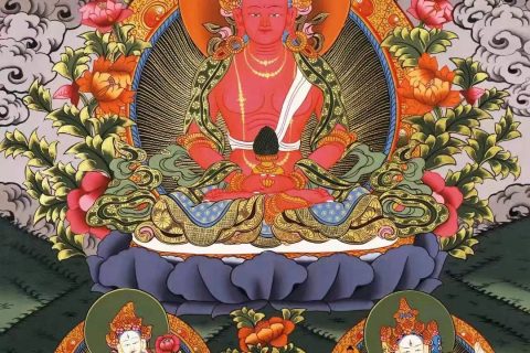 编号138-451323：彩绘唐卡-长寿佛·长寿三尊（75*53CM左右）