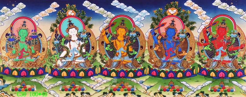 编号138-668951：彩绘唐卡-文殊菩萨·五部文殊（40*100CM左右）