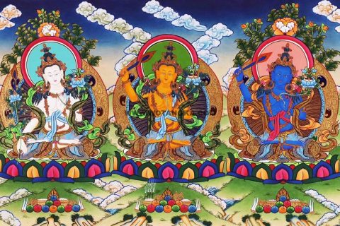 编号138-668951：彩绘唐卡-文殊菩萨·五部文殊（40*100CM左右）