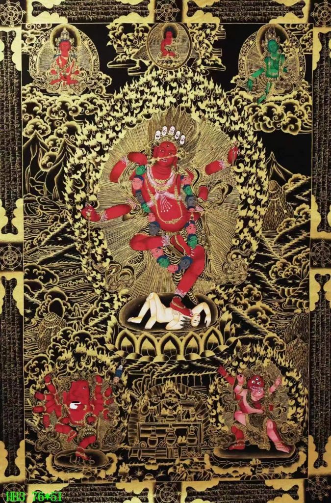 编号138-676795：黑金唐卡-作明佛母·红三尊（76*51CM左右）