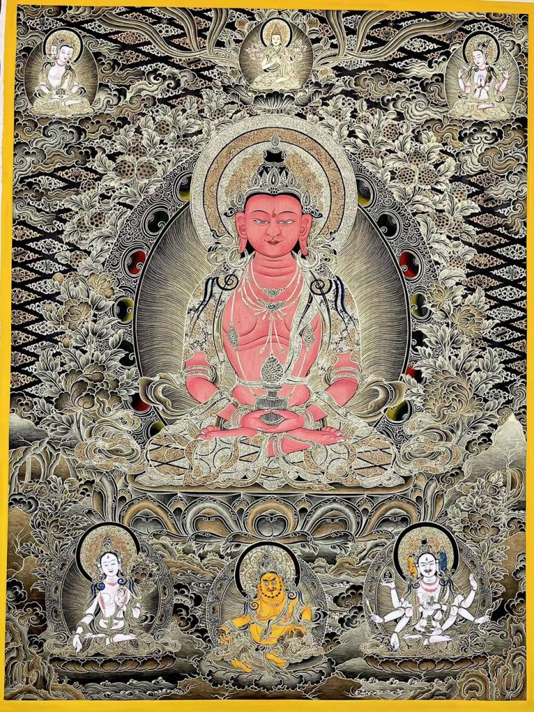 编号188-130423：黑金唐卡-长寿佛·长寿三尊（100*70CM左右）