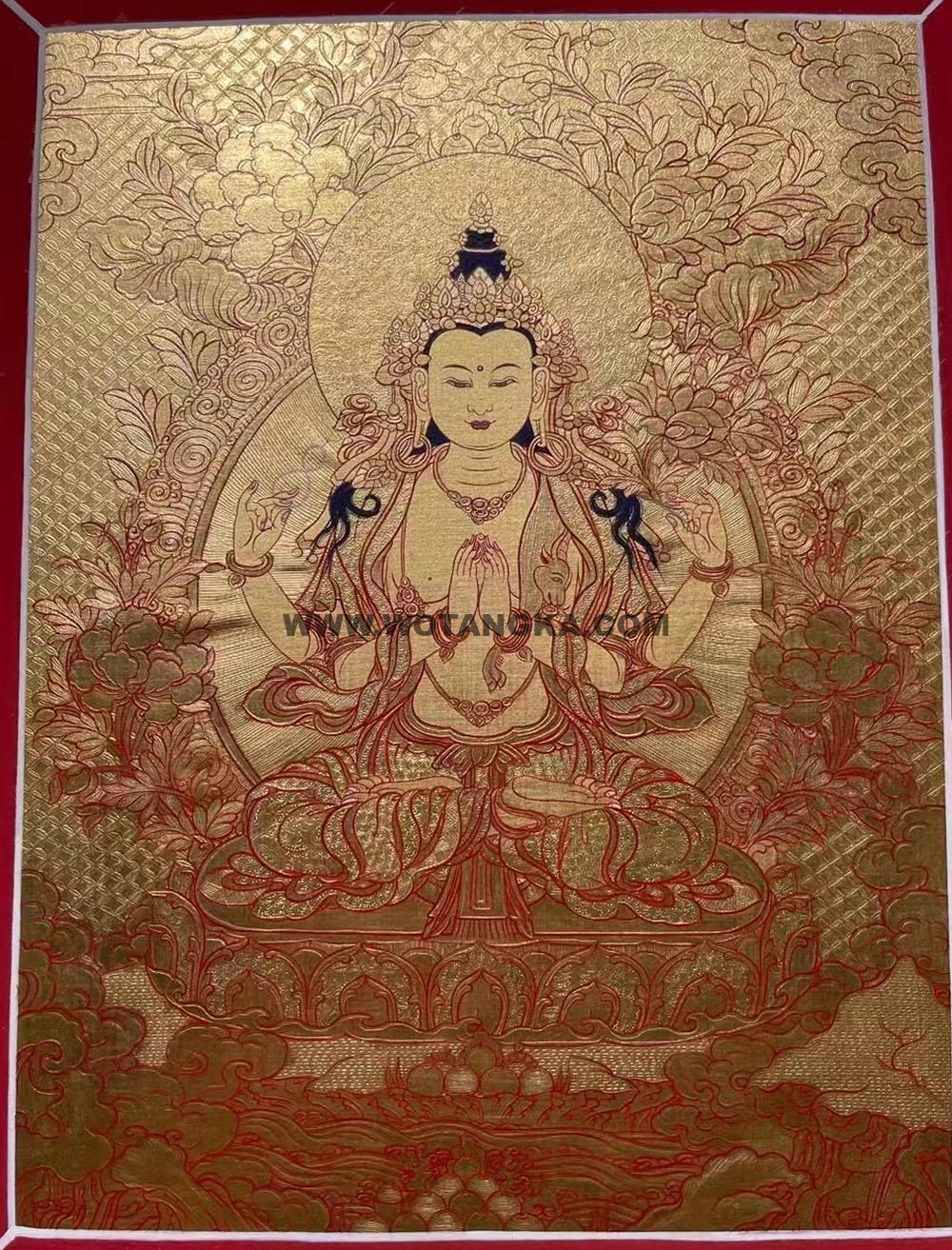 |已结缘·可定制|唐卡寄卖编号:JM·188-190257-四臂观音菩萨金唐匝嘎利(金唐)