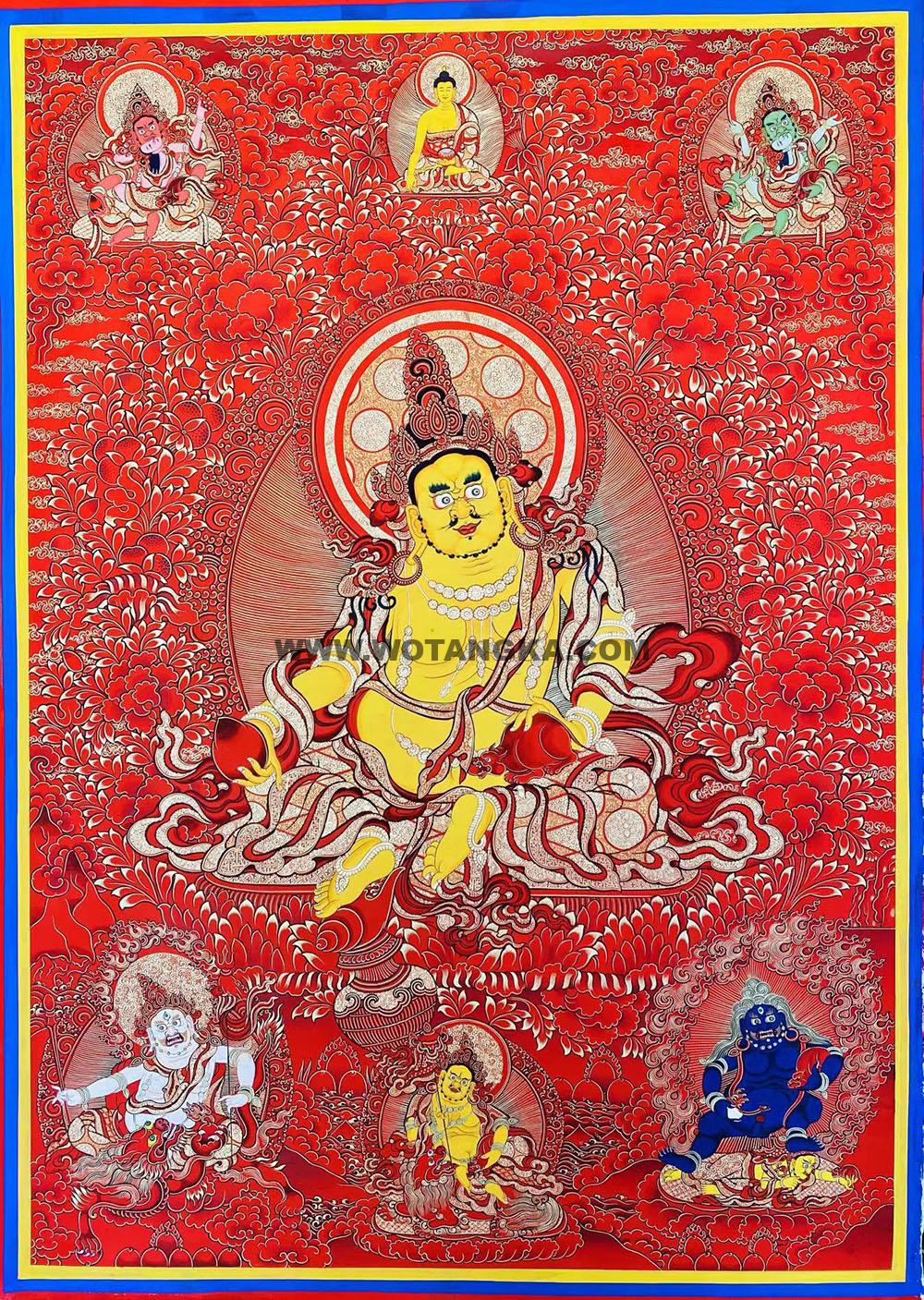 |已结缘·可定制|唐卡寄卖编号:JM·188-369360-黄财神五色财神众财富鸿运净土供养图(红唐)