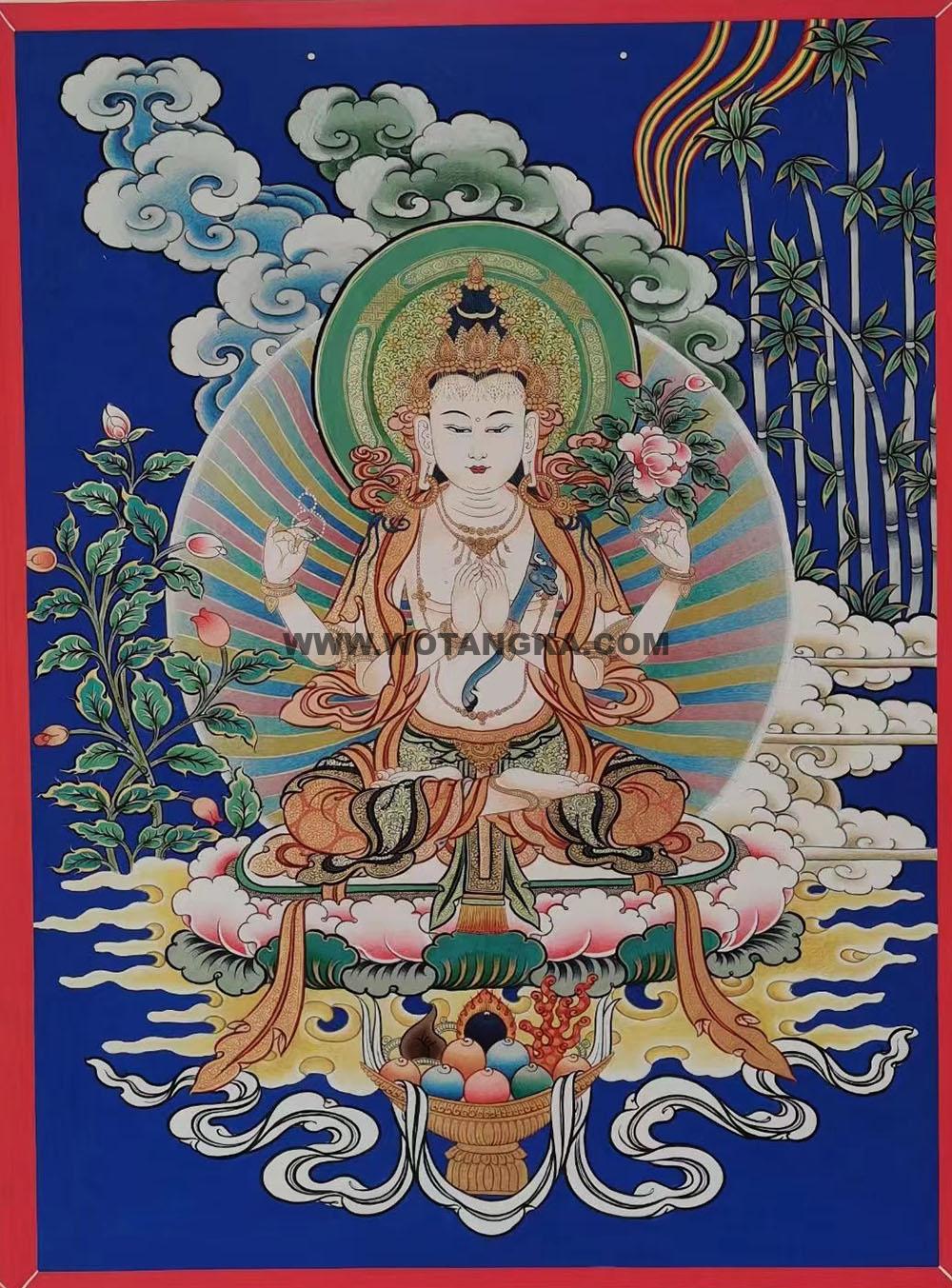 |已结缘·可定制|唐卡寄卖编号:JM·188-588661-四臂观音虹光法相竹林吉祥供养图(彩唐)