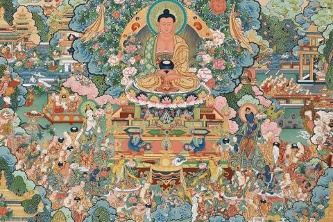编号188-781646：彩绘唐卡-阿弥陀佛·极乐世界（120*90CM左右）